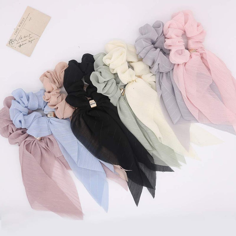 DINPREY Scarf Hair Ties for Women Girls, 8 Pcs Double Layer Bow Scrunchies for Hair Cute Bunny Ear Bow Scrunchies with Assorted Colors - Image 2